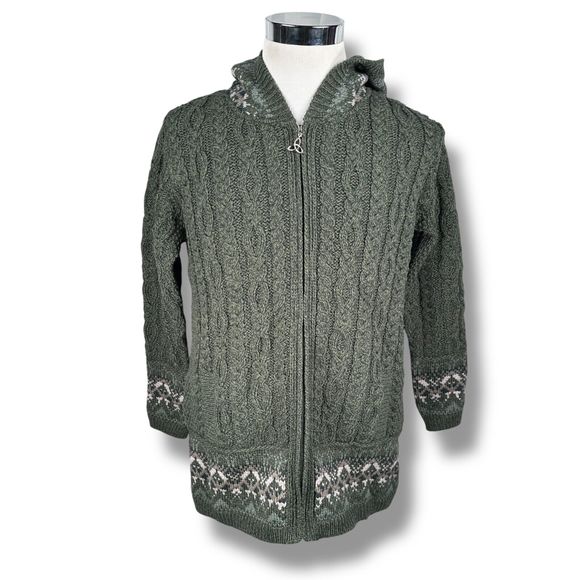 Aran Crafts Merino Fair Isle Zip Cardigan Sweater Women’s Small Green Hood New - Picture 1 of 9